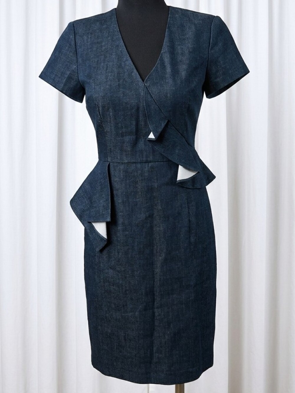 Raoul Cosmo Dark Denim Ruffle Fitted Peplum Mini Dress.